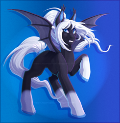 Size: 1270x1296 | Tagged: safe, artist:theoutcastofthenight, oc, oc only, oc:serac, bat pony, pony, art trade, gradient background, gradient hooves, solo