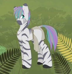 Size: 1376x1400 | Tagged: safe, derpibooru import, oc, oc:unise, zebra, blank flank, clothes, fern, forest, jewelry, loincloth, male, necklace, solo, zebra oc