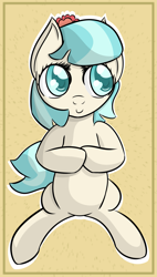 Size: 1105x1950 | Tagged: safe, artist:datapony, coco pommel, earth pony, pony, :), colored pupils, female, looking sideways, mare, missing accessory, on back, sitting, solo