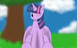 Size: 1920x1200 | Tagged: safe, artist:ghost3641, twilight sparkle, twilight sparkle (alicorn), alicorn, pony, :3, one eye closed, sitting, solo, tree, wink