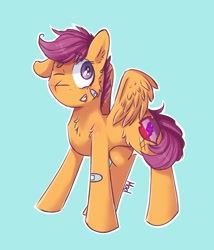 Size: 1469x1713 | Tagged: safe, artist:mad-maker-cat, scootaloo, pony, bandaid, blue background, one eye closed, simple background, solo, wink