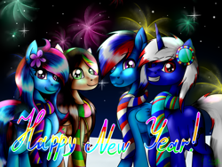 Size: 1600x1200 | Tagged: safe, artist:lada03, oc, oc only, oc:lada cuantica, pegasus, pony, unicorn, clothes, female, fireworks, grin, group photo, happy new year, holiday, looking at you, male, mare, new year, scarf, smiling, stallion