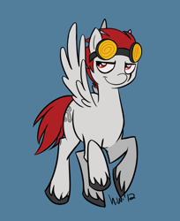 Size: 532x653 | Tagged: safe, artist:solstjarn, pegasus, pony, goggles, jack spicer, lidded eyes, ponified, simple background, smiling, solo, unshorn fetlocks