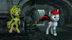 Size: 1920x1080 | Tagged: safe, artist:charlydasher, oc, oc only, oc:blackjack, oc:marmalade, pony, unicorn, fallout equestria, fallout equestria: project horizons, 3d, armory, bipedal, bipedal leaning, gun, holes, leaning, literal butthurt, pain, shotgun, source filmmaker, surprised, this is going to hurt, unexpected, weapon