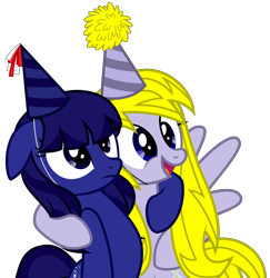 Size: 5209x5358 | Tagged: safe, artist:timeymarey007, oc, oc only, oc:azure wrath, oc:timey marey, pony, .svg available, absurd resolution, angry, duo, floppy ears, happy, hat, open mouth, party hat, simple background, transparent background, vector, wings