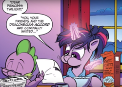 Size: 910x650 | Tagged: safe, artist:andypriceart, idw, spike, twilight sparkle, twilight sparkle (alicorn), alicorn, dragon, pony, accord (arc), spoiler:comic, spoiler:comic48, adorkable, aweeg*, clothes, cute, dork, food, glasses, glowing horn, morning ponies, mug, my friends and zoidberg, newspaper, oatmeal, oats, pajamas, spikabetes, spoon, twiabetes