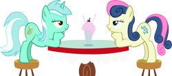 Size: 7717x3401 | Tagged: safe, artist:ironm17, bon bon, lyra heartstrings, sweetie drops, earth pony, pony, unicorn, absurd resolution, bedroom eyes, cherry, date, eye contact, female, food, lesbian, looking at each other, love, lyrabon, milkshake, romance, sharing a drink, shipping, simple background, stool, table, transparent background, vector