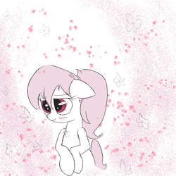 Size: 1024x1024 | Tagged: safe, artist:anonymous, artist:otherdrawfag, oc, oc only, oc:mitsuko, earth pony, pony, asian, asian pony, bipedal, blushing, catface, cherry blossoms, chest fluff, female, floppy ears, holding hooves, ponytail, solo, standing