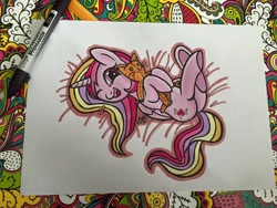 Size: 960x720 | Tagged: safe, artist:itstartswithapencil, oc, oc only, oc:aurelia charm, alicorn, cat, pony, alicorn oc, comfy, cuddling, legs in air, lying down, on back, snuggling, solo, toy, traditional art