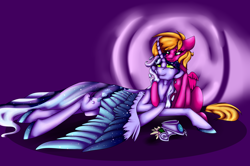 Size: 4520x3000 | Tagged: safe, artist:darsiaradianthorner, oc, oc only, oc:darsia horner, oc:gelyanna strype, alicorn, pegasus, pony, absurd resolution, alicorn oc, darsilianna, female, purple background, shipping, simple background