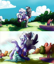 Size: 3501x4097 | Tagged: safe, artist:heyerika, cloudchaser, flitter, thunderlane, pegasus, pony, absurd resolution, backbend, bow, colt, contortionist, cute, faceplant, female, filly, flexible, friends, funny, hair bow, laughing, male, playground, smiling, trio, younger