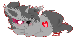Size: 2032x1024 | Tagged: safe, artist:vanillaswirl6, oc, oc only, oc:say, pony, unicorn, :t, black sclera, blushing, cheek fluff, chibi, colored eyelashes, commission, ear fluff, evil eye, female, fluffy, hair bun, looking down, mare, no pupils, photoshop, prone, scrunchy face, signature, simple background, solo, transparent background