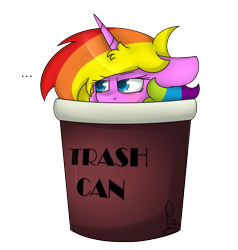 Size: 1140x1200 | Tagged: safe, artist:soundwavepie, oc, oc only, oc:rainbow splash, alicorn, pony, alicorn oc, rainbow hair, simple background, solo, transparent background, trash can