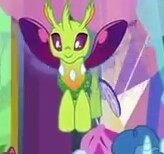 Size: 164x154 | Tagged: safe, screencap, party favor, changedling, changeling, pony, celestial advice, background changeling, cute, cuteling, flying, horn, offscreen character, picture for breezies, smiling, solo focus, twilight's castle, wings