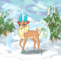 Size: 1000x1000 | Tagged: safe, artist:pallasmercury, velvet reindeer, deer, reindeer, them's fightin' herds, community related, looking at you, scenery, signature, snow, solo, tree, wavy mouth