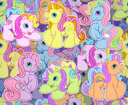 Size: 2147x1767 | Tagged: safe, artist:anscathmarcach, brights brightly, cheerilee (g3), rarity (g3), whistle wishes, pony, g3, background pony, g3betes, runaway rainbow, tile, tiled background, unnamed pony