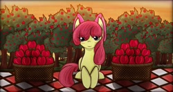 Size: 2048x1087 | Tagged: safe, artist:aquaangel1010, apple bloom, pony, apple, blushing, food, looking at you, picnic, picnic blanket, solo, sunset, sweet apple acres