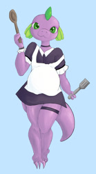 Size: 920x1653 | Tagged: safe, artist:madmiss, spike, dragon, spike at your service, apron, choker, clothes, crossdressing, dress, garter, looking at you, maid, male, male pregnancy, pregnant, smiling, solo, spatula, spoon, uniform