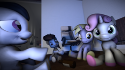 Size: 3840x2160 | Tagged: safe, artist:viranimation, dinky hooves, pipsqueak, rumble, sweetie belle, 3d, dinkysqueak, female, hoof polish, male, nail polish, rumbelle, shipping, source filmmaker, spin the bottle, straight