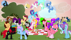 Size: 1920x1080 | Tagged: safe, oc, oc only, oc:aurelia charm, oc:heartwarmer, oc:novine dazzle, oc:pink candy, alicorn, pony, alicorn oc, friends, group, group photo, happy, picnic, ponified