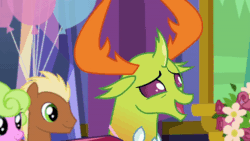 Size: 600x338 | Tagged: safe, screencap, thorax, changedling, pony, celestial advice, animated, blinking, cute, embarrassed, equestrian pink heart of courage, floppy ears, gif, grin, king thorax, more fun than it sounds, smiling, solo focus, squee, thorabetes, twilight's castle, wavy mouth