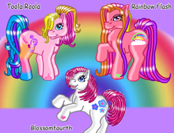 Size: 1105x850 | Tagged: safe, artist:bast-incarnation, rainbow flash, toola roola, g3, adoraforth, blossomforth (g3), cute, rainbaww flash, roolabetes