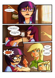 Size: 2480x3508 | Tagged: safe, artist:smilingdogz, derpibooru import, applejack, twilight sparkle, human, comic, glasses, humanized