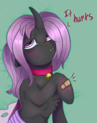 Size: 1500x1900 | Tagged: safe, artist:hedgehog, oc, oc only, oc:fluffy fang, changeling, bandaid, bell, bell collar, blushing, changeling oc, collar, cute, purple changeling