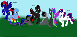 Size: 5000x2448 | Tagged: safe, artist:officiallunardj, oc, oc only, oc:blitz, oc:cotton candy, oc:lexi, oc:lunar midnight, oc:mark dubstep, oc:rocky turbo, oc:sarr marcus war, alicorn, bat pony, changeling, pony, absurd resolution, alicorn oc, bat pony oc, clothes, headphones, rainbow socks, socks, striped socks, sunglasses