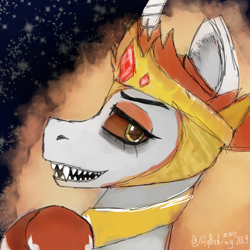 Size: 900x900 | Tagged: safe, artist:itzdatag0ndray, daybreaker, pony, a royal problem, bust, ear fluff, fangs, fire, icon, painting, sharp teeth, smiling, solo, space, stars, teeth