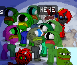 Size: 495x420 | Tagged: safe, screencap, pony, clothes, cosplay, costume, group, group shot, meme, pepe the frog, pony town, snow