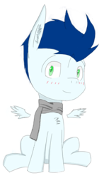 Size: 408x693 | Tagged: safe, soarin', pony, chibi, clothes, scarf, sitting