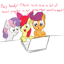 Size: 1000x1000 | Tagged: safe, artist:yakoshi, apple bloom, scootaloo, sweetie belle, 30 minute art challenge, :o, :t, computer, cutie mark crusaders, internet, laptop computer, open mouth, smiling, wide eyes