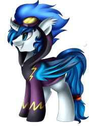 Size: 1928x2543 | Tagged: safe, artist:pridark, oc, oc only, oc:sparky storm, alicorn, bat pony, bat pony alicorn, pony, bat pony oc, clothes, commission, costume, goggles, male, shadowbolts costume, simple background, solo, transparent background