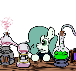 Size: 640x600 | Tagged: safe, artist:ficficponyfic, color edit, edit, oc, oc only, oc:emerald jewel, earth pony, pony, alchemy, bandana, boiling water, chemicals, chemistry, child, color, colored, colt, colt quest, cork, flask, florence flask, fluids, foal, hair over one eye, male, monochrome, solo, steam, table, tube