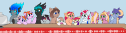 Size: 4096x1087 | Tagged: safe, artist:jolliapplegirl, oc, oc only, oc:acheron, oc:chocolate cheesecake, oc:finesse, oc:honey brie, oc:illusive spark, oc:lapis hondo lazuli, oc:olive branch, oc:stardust, oc:sun flare, dracony, earth pony, hybrid, pony, unicorn, absurd resolution, adopted offspring, changeling oc, interspecies offspring, magical gay spawn, next generation, offspring, parent:amber leaf, parent:applejack, parent:big macintosh, parent:cheerilee, parent:cheese sandwich, parent:flam, parent:flim, parent:fluttershy, parent:king sombra, parent:lord tirek, parent:photo finish, parent:pinkie pie, parent:rarity, parent:spike, parent:starlight glimmer, parent:sunburst, parent:thorax, parent:unnamed oc, parents:canon x oc, parents:cheerimac, parents:cheesepie, parents:flamfinish, parents:flimjack, parents:starburst, parents:thoraxspike