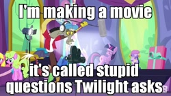 Size: 854x480 | Tagged: safe, edit, edited screencap, screencap, cherry berry, daisy, discord, flower wishes, twilight sparkle, twilight sparkle (alicorn), alicorn, earth pony, pony, celestial advice, balloon, boom mic, cap, clothes, film camera, gift wrapped, hat, headphones, horn, image macro, meme, microphone, spotlight, stage light, the fairly oddparents, wings