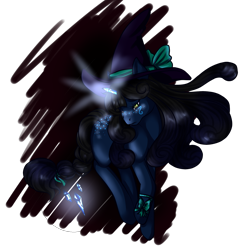 Size: 1582x1633 | Tagged: safe, artist:rosewend, oc, oc only, oc:seria, pony, unicorn, black mane, blue coat, magic, reference, solo, witch