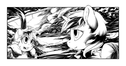 Size: 2550x1350 | Tagged: safe, artist:hobbes-maxwell, oc, oc only, oc:littlepip, earth pony, pony, unicorn, fallout equestria, fallout equestria illustrated, black and white, clothes, fanfic, fanfic art, female, grayscale, horn, mare, monochrome, pipbuck, vault suit