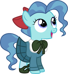 Size: 1001x1092 | Tagged: safe, artist:cloudyglow, petunia paleo, earth pony, pony, bow, clothes, clothes swap, cosplay, costume, crossover, cute, disney, female, filly, foal, hair bow, hnnng, olivia flaversham, open mouth, petuniabetes, smiling, solo, standing, the great mouse detective