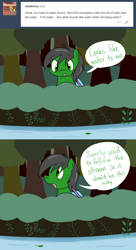 Size: 1280x2350 | Tagged: safe, artist:hummingway, oc, oc only, oc:feather hummingway, oc:swirly shells, ask-humming-way, dialogue, forest, speech bubble, tumblr, tumblr comic