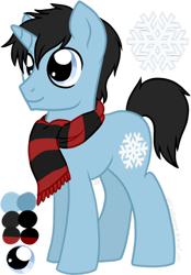 Size: 600x863 | Tagged: safe, artist:tambelon, oc, oc only, oc:snowflake, pony, unicorn, clothes, male, reference sheet, scarf, solo, stallion