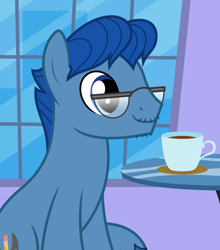 Size: 508x576 | Tagged: safe, artist:parclytaxel, leadwing, earth pony, pony, animated, animated png, blue, coffee, coffee cup, cup, saucer, sitting, solo, table, vector, window