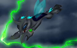 Size: 1920x1200 | Tagged: safe, artist:coffeerings, oc, oc only, oc:hero, changeling, fallout equestria, changeling oc, flying, solo