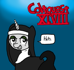 Size: 640x600 | Tagged: safe, artist:ficficponyfic, pony, unicorn, adult, alternate universe, bags under eyes, chuckle, clothes, collar, color, colt quest, eyeshadow, female, grin, horn, logo, makeup, mare, nun, recap, smiling, solo, text, title, title card, visor