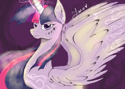 Size: 5880x4208 | Tagged: safe, artist:angelpony99, twilight sparkle, twilight sparkle (alicorn), alicorn, pony, absurd resolution, bust, colored pupils, fluffy, glow, glowing horn, lidded eyes, looking at you, magic, magic aura, makeup, older, portrait, princess of friendship, runes, smiling, solo, spread wings, swanlight sparkle