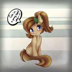 Size: 1024x1024 | Tagged: safe, artist:csox, oc, oc only, oc:mocha latte, earth pony, pony, blushing, bow, chest fluff, cute, dialogue, female, hair bow, looking at you, mare, sitting, smiling, solo, speech bubble