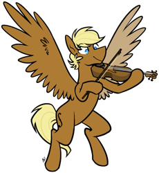 Size: 681x740 | Tagged: safe, artist:egophiliac, oc, oc only, oc:sharp note, pegasus, pony, bipedal, commission, cute, fiddle, hoof hold, music, simple background, smiling, solo, spread wings, transparent background, violin