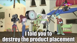Size: 1920x1080 | Tagged: safe, edit, edited screencap, screencap, canter zoom, coffee rush, rolling stone (character), equestria girls, movie magic, spoiler:eqg specials, background human, camera, clothes, director, facepalm, image macro, india movie set, meme, mug, product placement, shoes, sneakers, teletoon