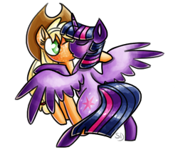 Size: 491x435 | Tagged: safe, artist:sallindaemon, derpibooru import, applejack, twilight sparkle, twilight sparkle (alicorn), alicorn, earth pony, pony, female, kissing, lesbian, shipping, simple background, surprise kiss, surprised, transparent background, twijack